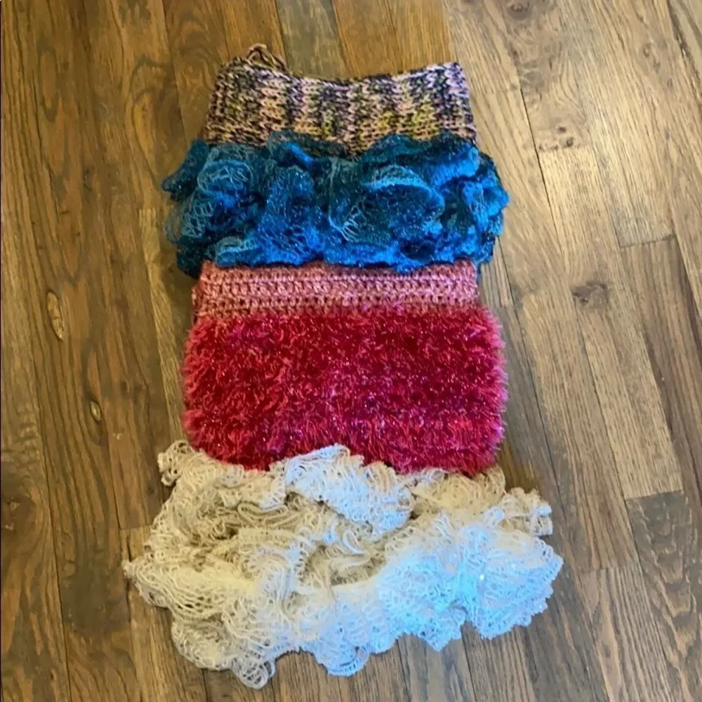4 Handmade knitted, crocheted, scarfs bundle of 4